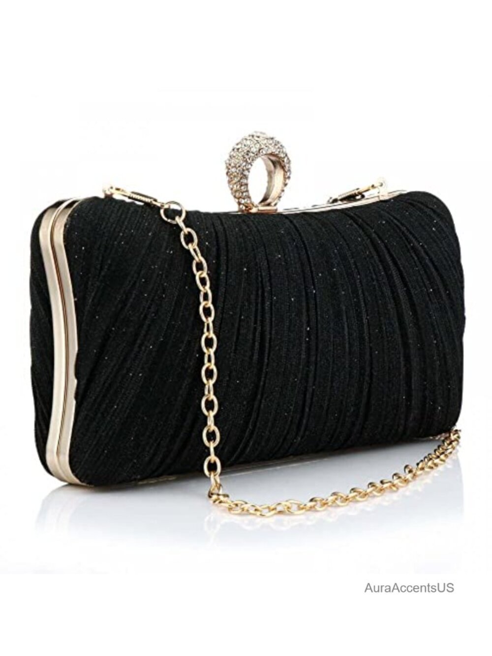 Glitter Ruched Polyester Clutch Purse Rhinestone Evening Bag Detachable Chain